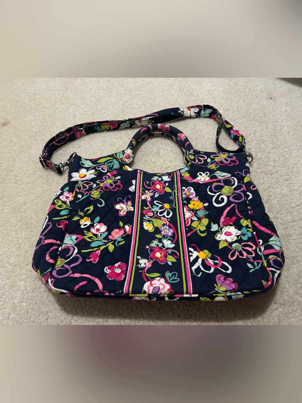 Vera Bradley Navy Ribbons Pattern Quilted Arm and Shoulder Bag